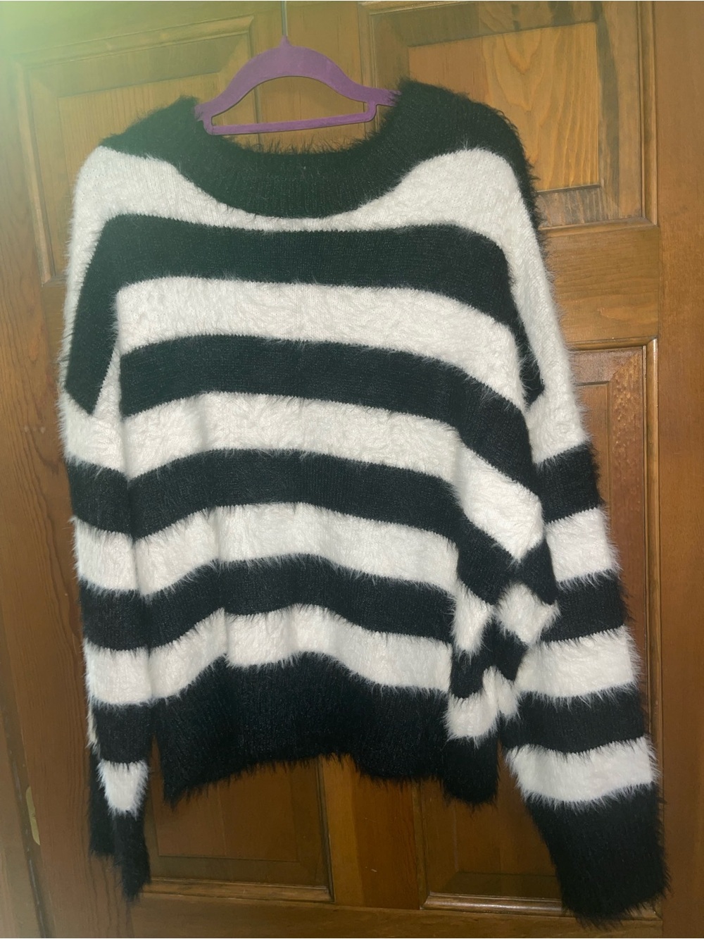 a new day Black & White Fuzzy Striped Crewneck Sweater